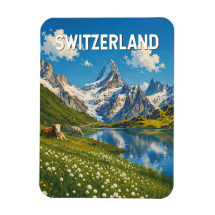 Schweiz Kühe Kuh Illustration Reise Kunst Retro Magnet