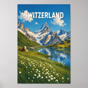 Schweiz Kühe Kuh Illustration Reise Kunst Retro Poster