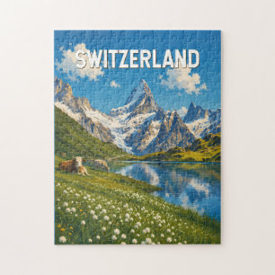 Schweiz Kühe Kuh Illustration Reise Kunst Retro Puzzle