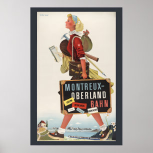 Schweiz Mädchen Montreux Oberland Bahn Vintage Poster