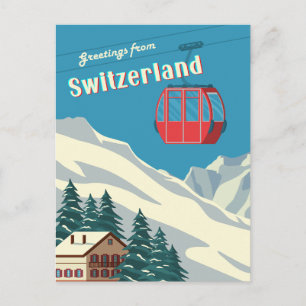 Schweiz Retro Snowy Mountain Gondola Postkarte