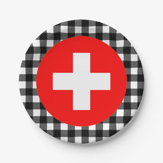Schweiz Tafel, Büffel kariert & Schweizer Flagge Pappteller (Vorderseite)