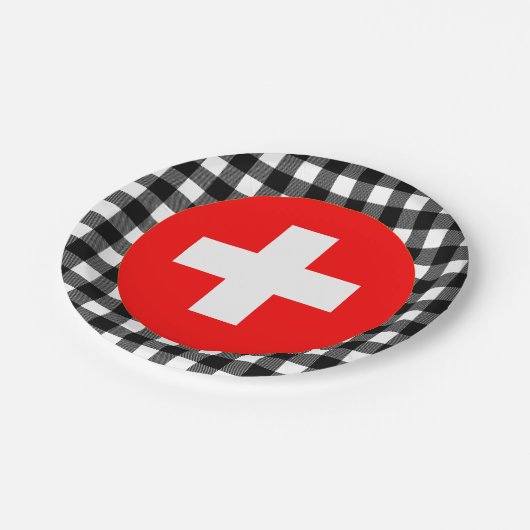 Schweiz Tafel, Büffel kariert & Schweizer Flagge Pappteller (Schrägansicht)
