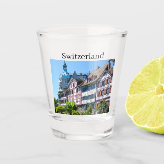 Schweiz Typische Häuser Souvenir Schnapsglas (Vorderseite)