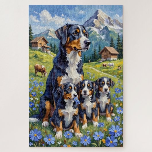 Schweizer Berghund Alpine Enzian Kunst Puzzle (Vertikal)