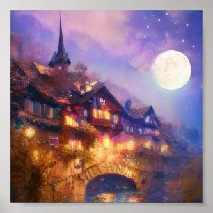 Schweizer Chalet und Mond Poster