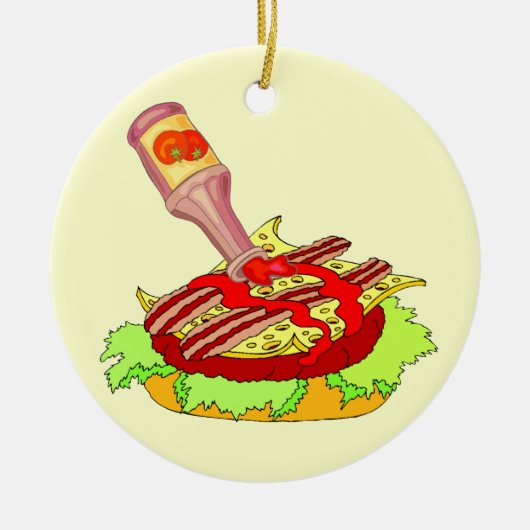 Schweizer Cheeseburger des Speckes mit Ketschup Keramik Ornament (Vorne)