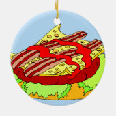 Schweizer Cheeseburger des Speckes mit Ketschup Keramik Ornament (Hinten)
