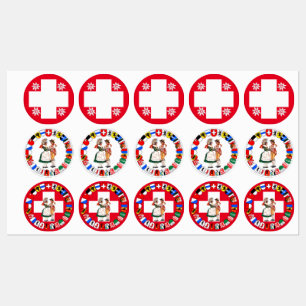 Schweizer Flagge, Edelweiß, Kantone und Tänzer Etiketten