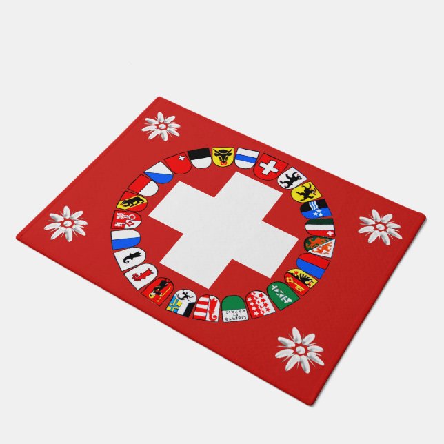 Schweizer Flagge und edelweiss Fußmatte (Schrägansicht)