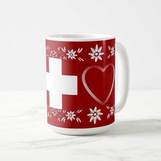 Schweizer Flagge und edelweiss Kaffeetasse (VorderseiteRechts)