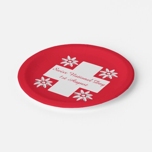 Schweizer Flagge und edelweiss Pappteller (Schrägansicht)