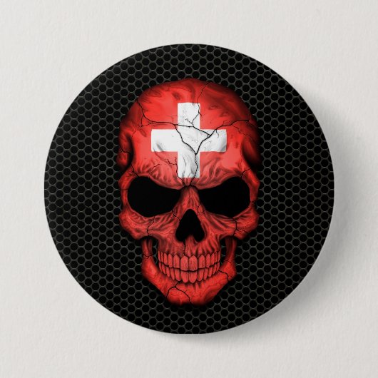 Schweizer Flaggen-Schädel auf Stahlmaschen-Grafik Button (Vorderseite)