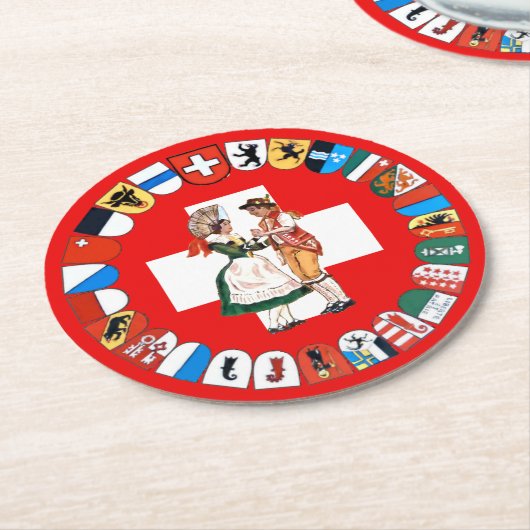 Schweizer Kantone und Tänzer rund um den Untersetz Runder Pappuntersetzer (Angewinkelt)