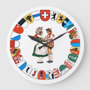 Schweizer Kantone und Volkstänzer mit großer Uhr