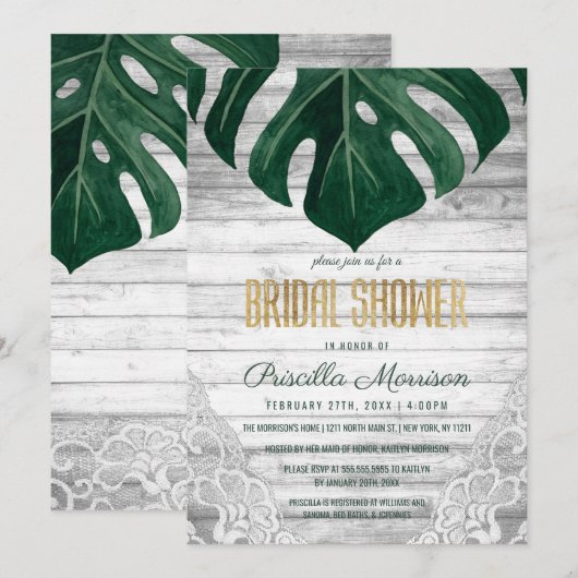 Schweizer Käse Leaf Holz Lace Gold Brautparty Einladung (Vorne/Hinten)