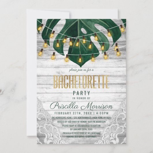 Schweizer Käse Leaf String Lights Lace Bachelorett Einladung (Vorderseite)