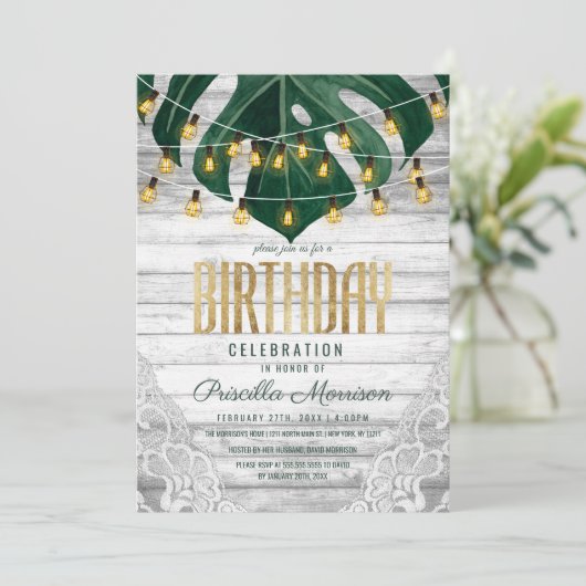 Schweizer Käse Leaf String Lights Lace Gold Geburt Einladung (Stehend Vorderseite)