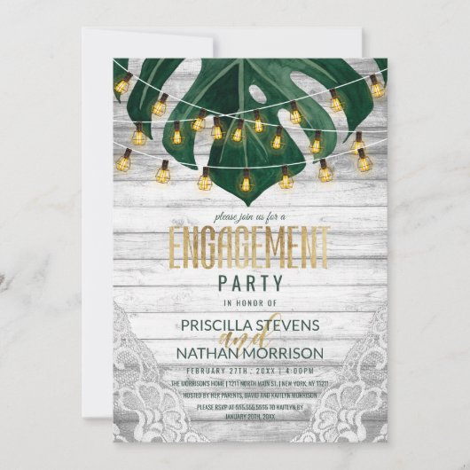 Schweizer Käse Leaf String Lights Lace Verlobung Einladung (Vorderseite)