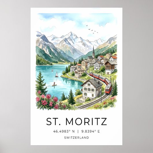 Schweizer Landschaften Kunst St Moritz Aquarell -  Poster (Vorne)