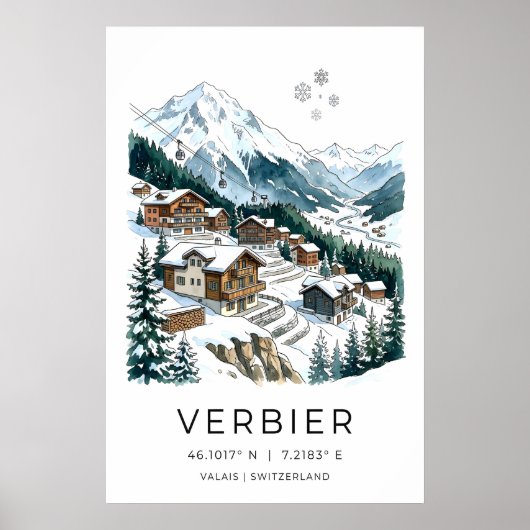 Schweizer Skidorfplakat, verschneite Chalets, Seil Poster (Vorne)