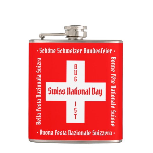 Schweizerischer Nationalfeiertag in vier Sprachen Flachmann (Vorderseite)