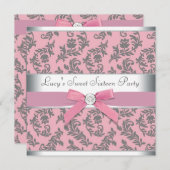 Schwenken Damask Pink und Gray Sweet 16 Party Einladung (Vorne/Hinten)