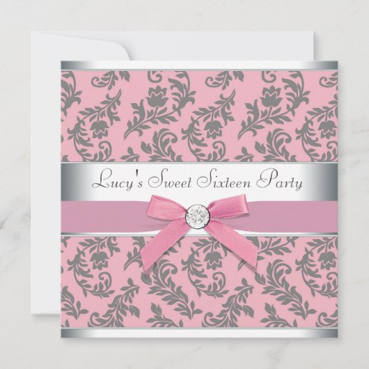 Schwenken Damask Pink und Gray Sweet 16 Party Einladung (Vorderseite)