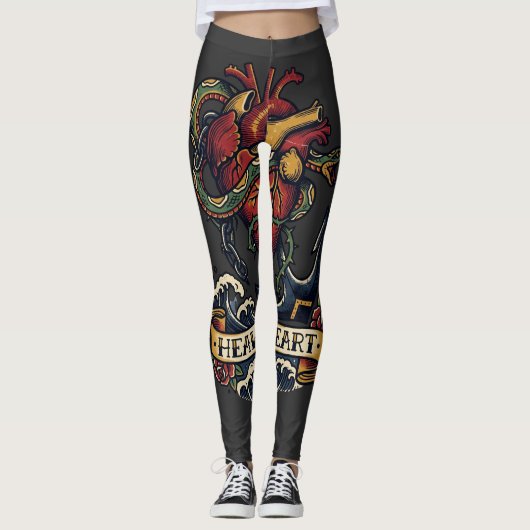 Schwerer Herzanker-Schlangentattoo-Flash-Melanchol Leggings (Vorderseite)