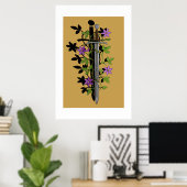 Schwert & Clematis – Mittelalterliche Blumenklinge Poster (Heimbüro)