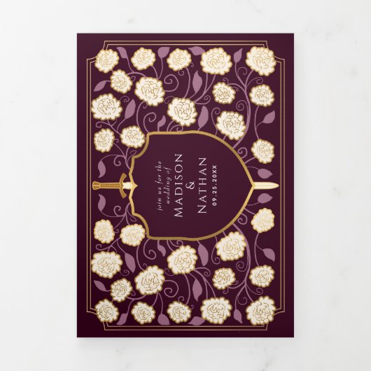 Schwert & Schild Mittelalterliche Fantasie Hochzei Dreifach Gefaltete Einladung (Cover)