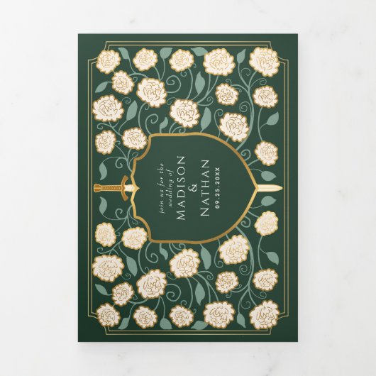 Schwert & Schild Mittelalterliche Fantasie Hochzei Dreifach Gefaltete Einladung (Cover)