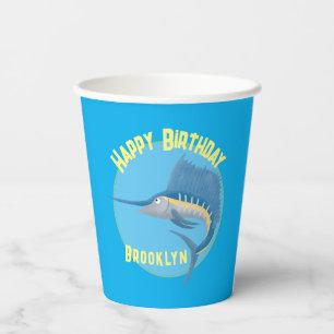 Schwertfisch Segelfisch Cartoon personalisiert Pappbecher