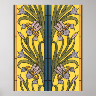 Schwertlilien-Blumen Art Nouveau Bleiglas Blau Gol Poster