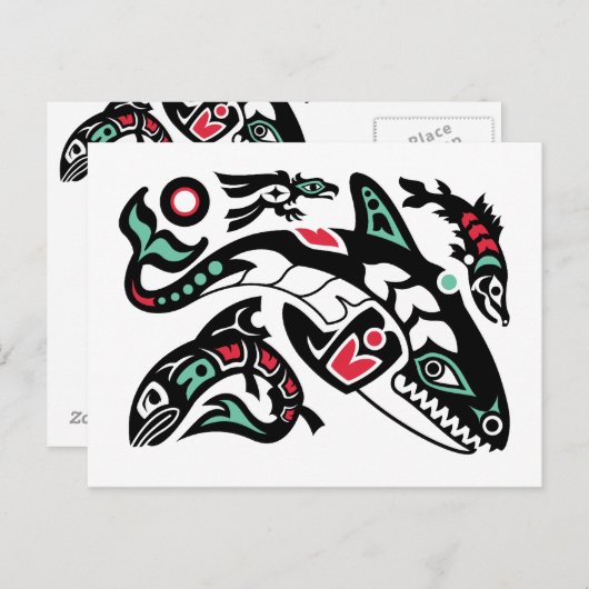 Schwertwal-Killerwal u. Lachse - HaidaFarbgrafik Postkarte (Vorne/Hinten)