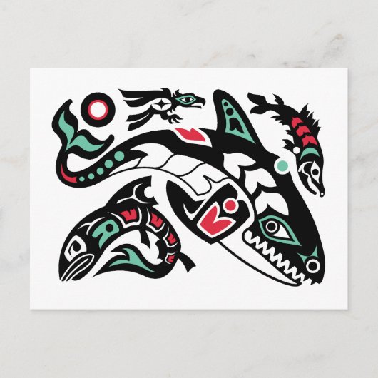 Schwertwal-Killerwal u. Lachse - HaidaFarbgrafik Postkarte (Vorderseite)