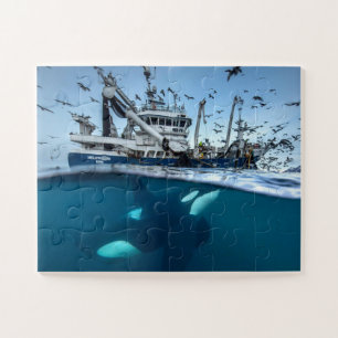 Schwertwal Orcacommerciële visserijboot Oceaan Puzzle