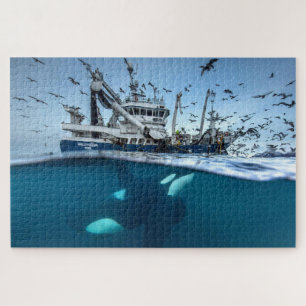 Schwertwal Orcacommerciële Vissersboot Oceaan Puzzle