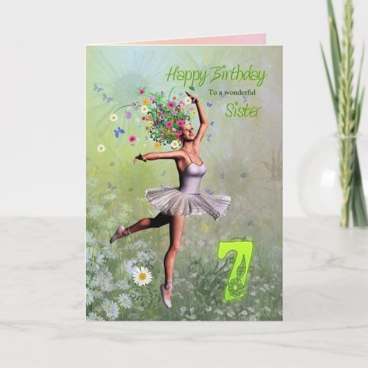 Schwester 7, Blume Fee Geburtstagkarte Karte (Vorderseite)