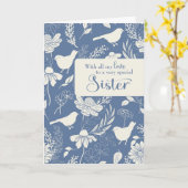 Schwester Birthday Blaue Vögel und Blüten Karte (Gelbe Blume)