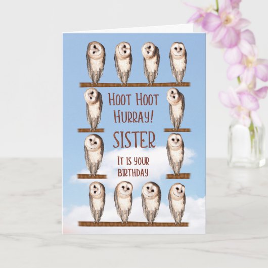 Schwester Birthday, neugierige Owls Karte (Orchidee)