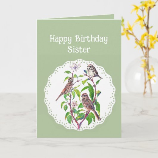 Schwester Birthday Song Sparrows, Niedliche Vogelk Karte (Gelbe Blume)