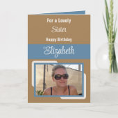 Schwester fügen Sie Namen Foto blau braun Geburtst Karte (Vorderseite)