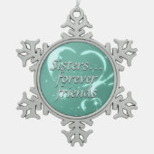 Schwester-für immer Freund-Liebe-Aqua-Grün-Herzen Schneeflocken Zinn-Ornament (Vorderseite)