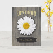 Schwester-Geburtstag, rustikales Holz und Karte (Gelbe Blume)