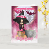 Schwester Halloween mit Girlie Hexe in den Rosa Karte (Gelbe Blume)
