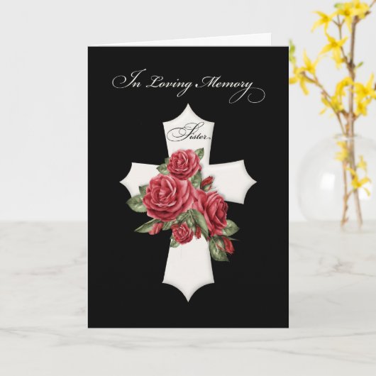 Schwester Religiöses Beileid Kreuz mit Rote Rosen Karte (Gelbe Blume)