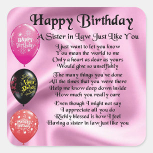 Schwester von Law Poem - Happy Birthday Design Quadratischer Aufkleber