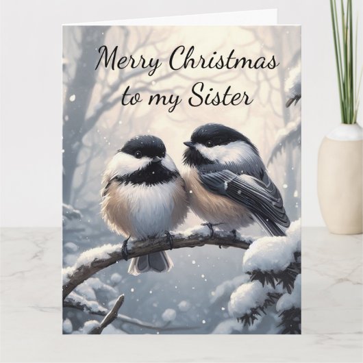 Schwester Weihnachtswünsche & Liebe Chickadee Bird Karte (Vorderseite)