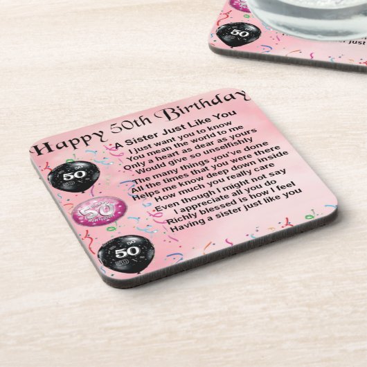Schwestergedicht - 50. Geburtstagsdesign Untersetzer (Linke Seite)